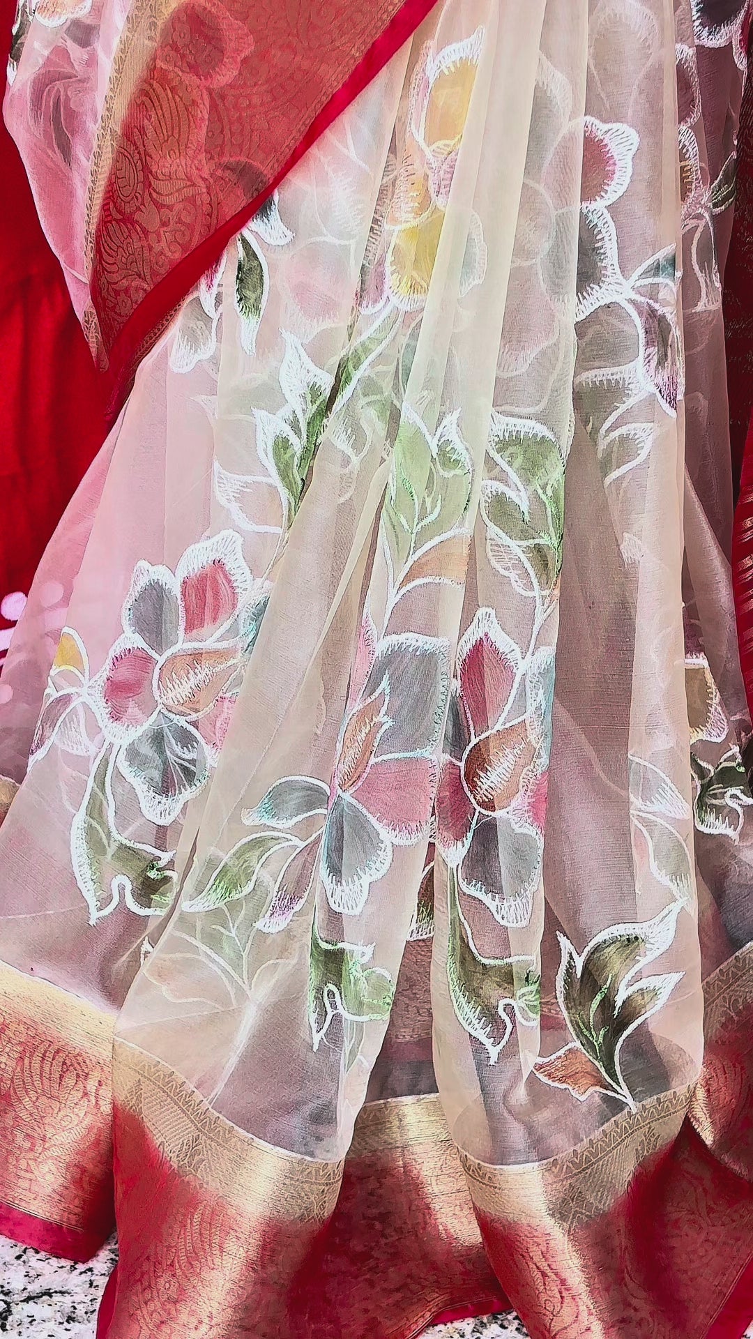 WHITE RED ORGANZA SAREE