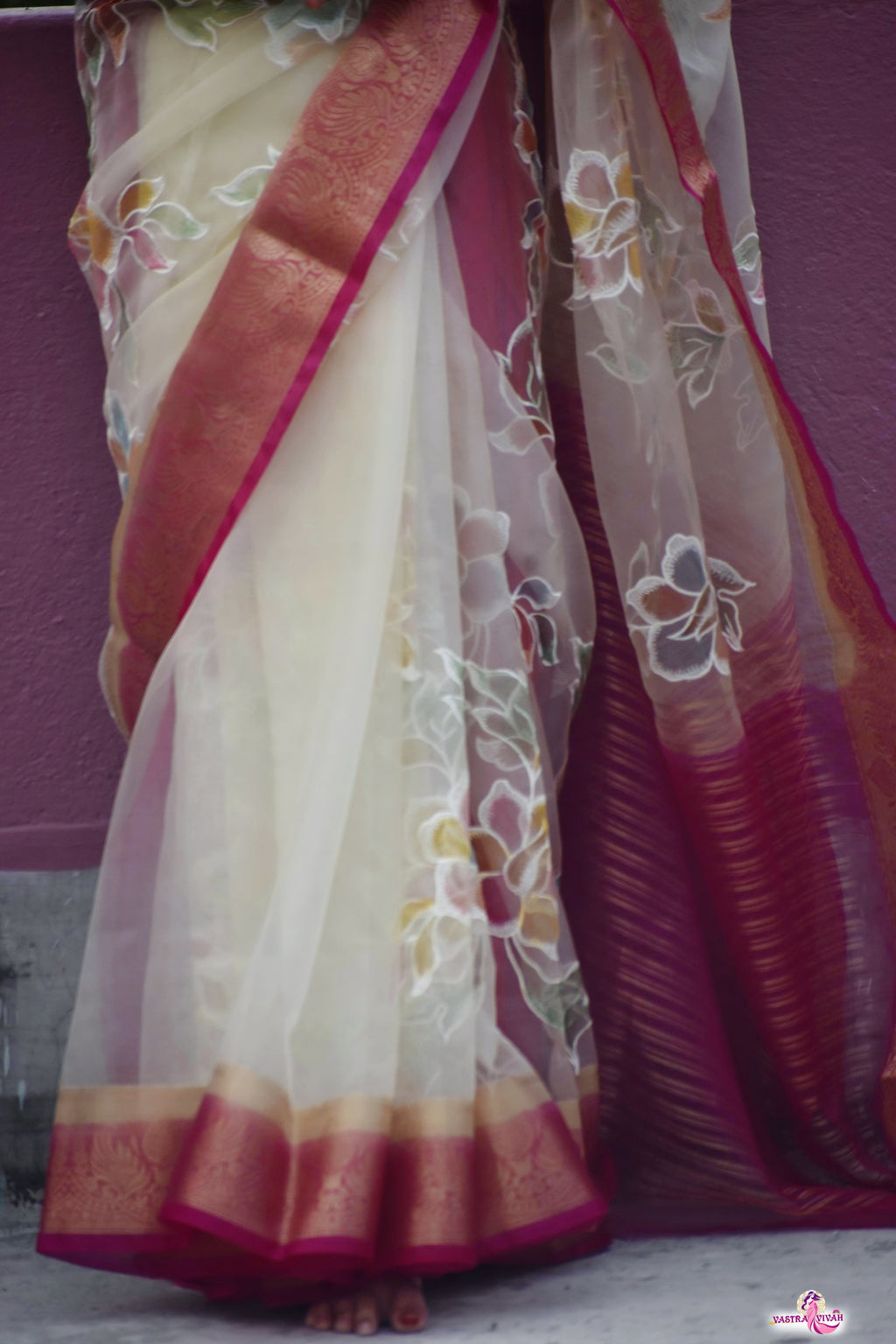 WHITE PINK ORGANZA SAREE