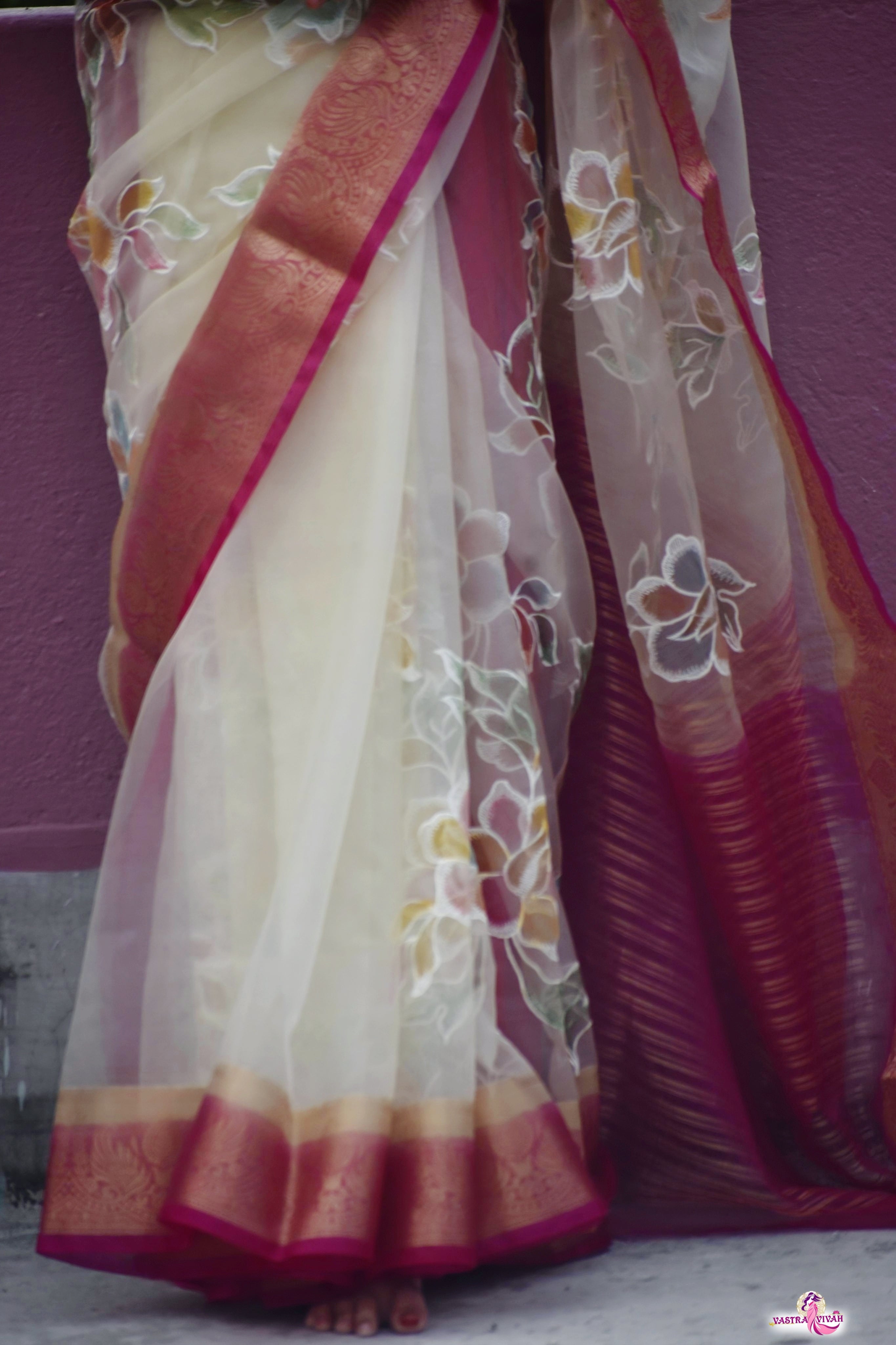 WHITE PINK ORGANZA SAREE