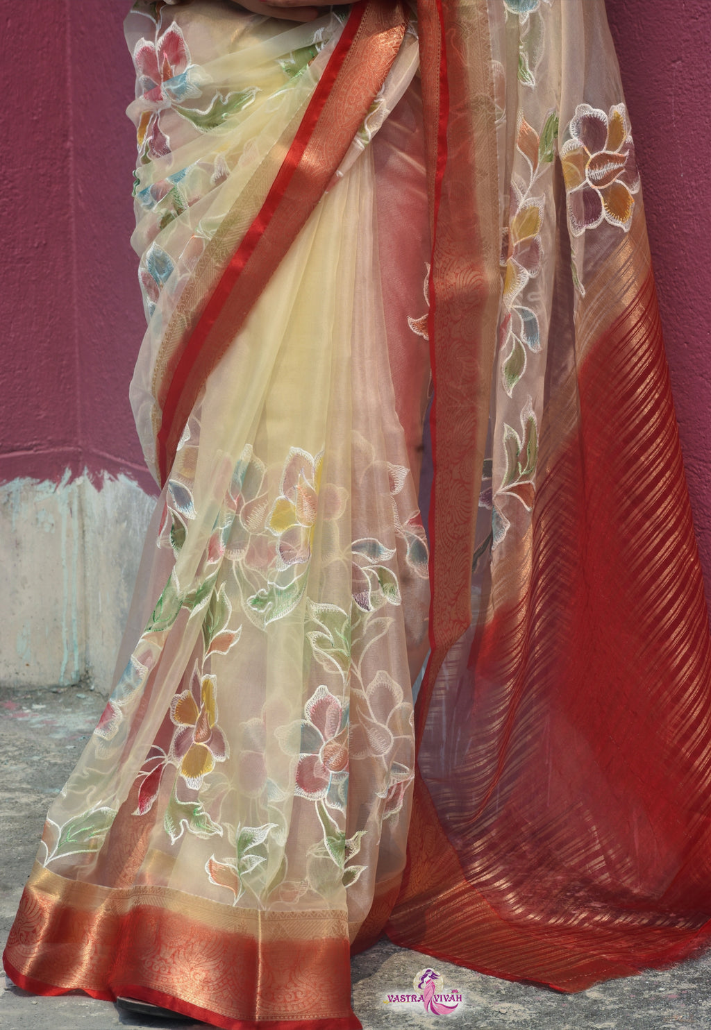WHITE RED ORGANZA SAREE