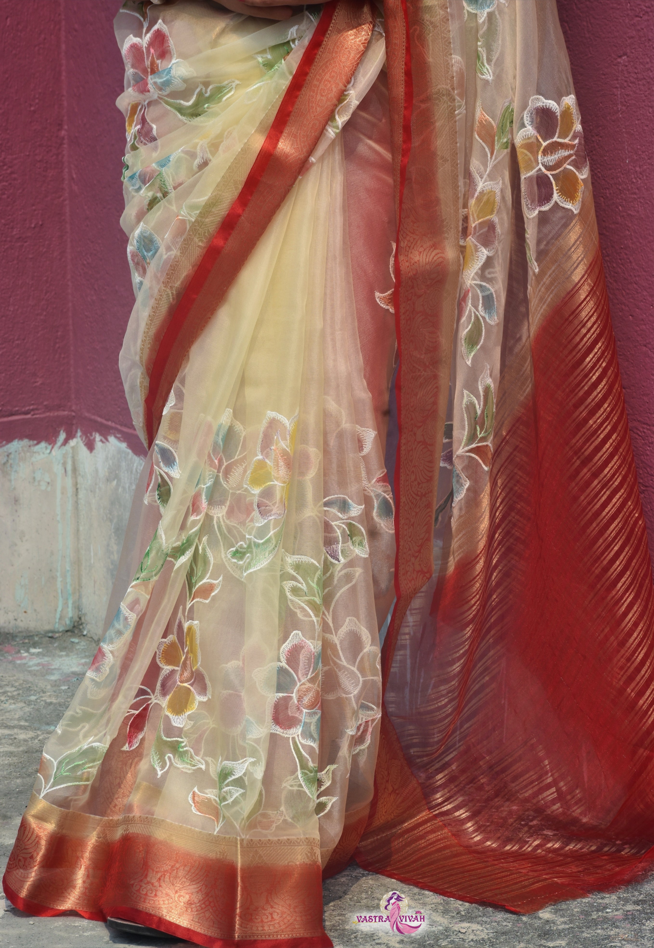 WHITE RED ORGANZA SAREE