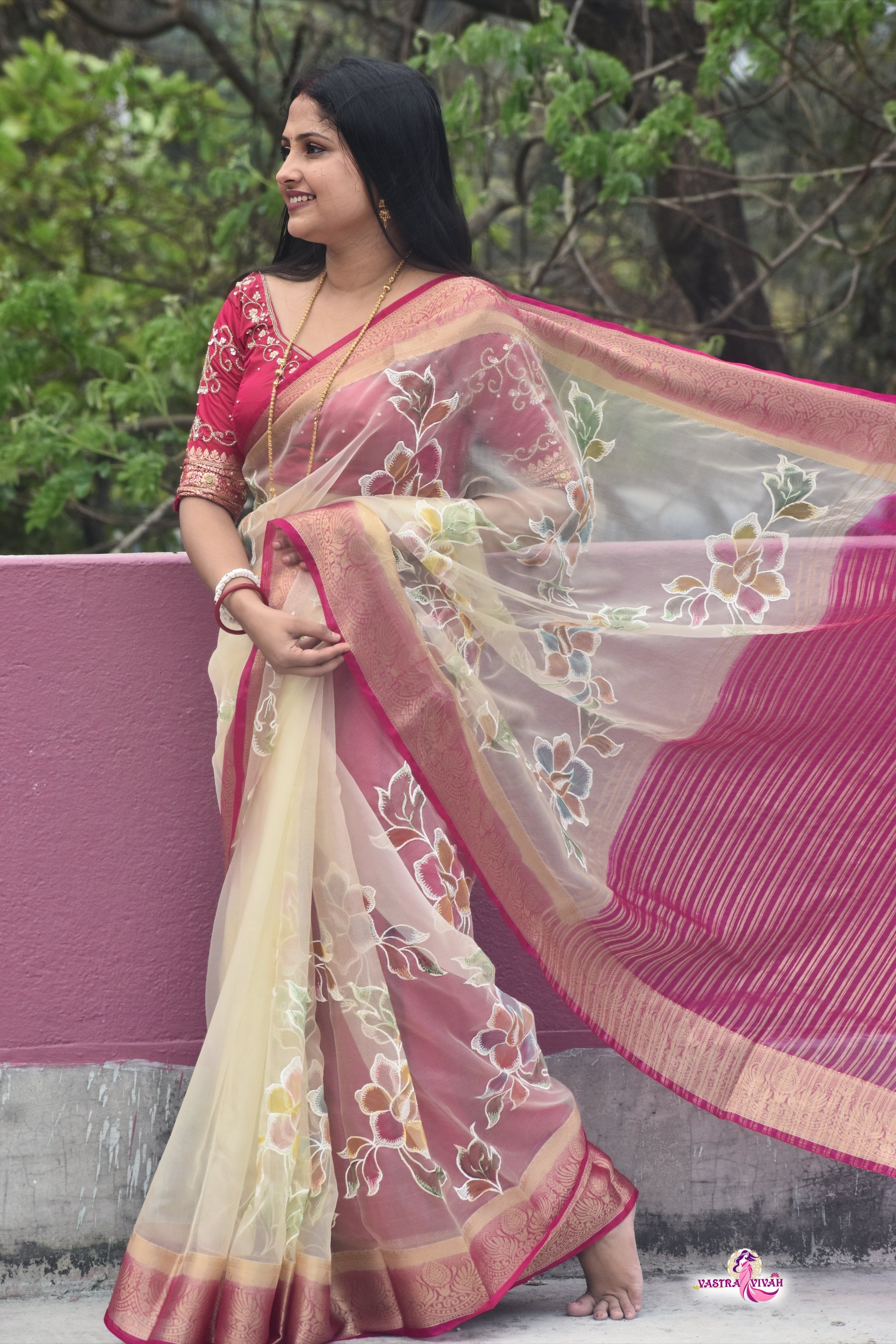 WHITE PINK ORGANZA SAREE