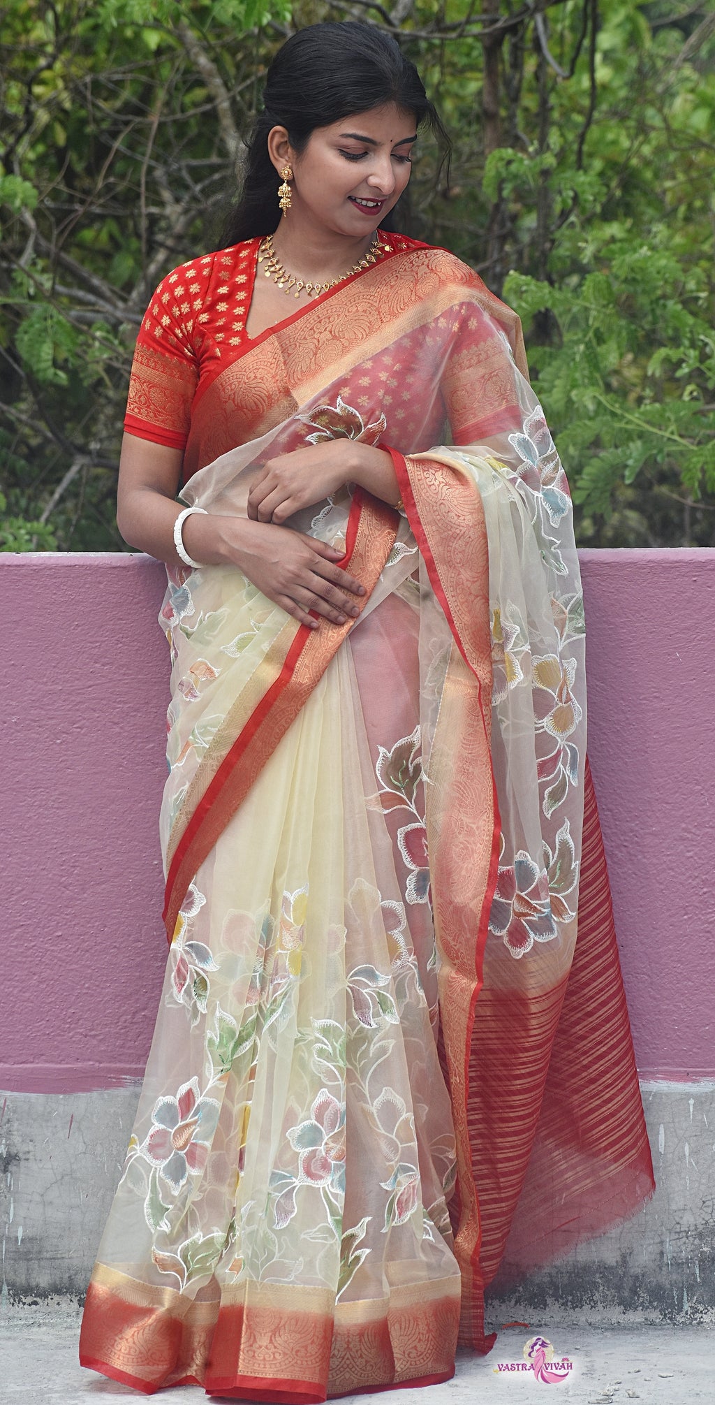 WHITE RED ORGANZA SAREE