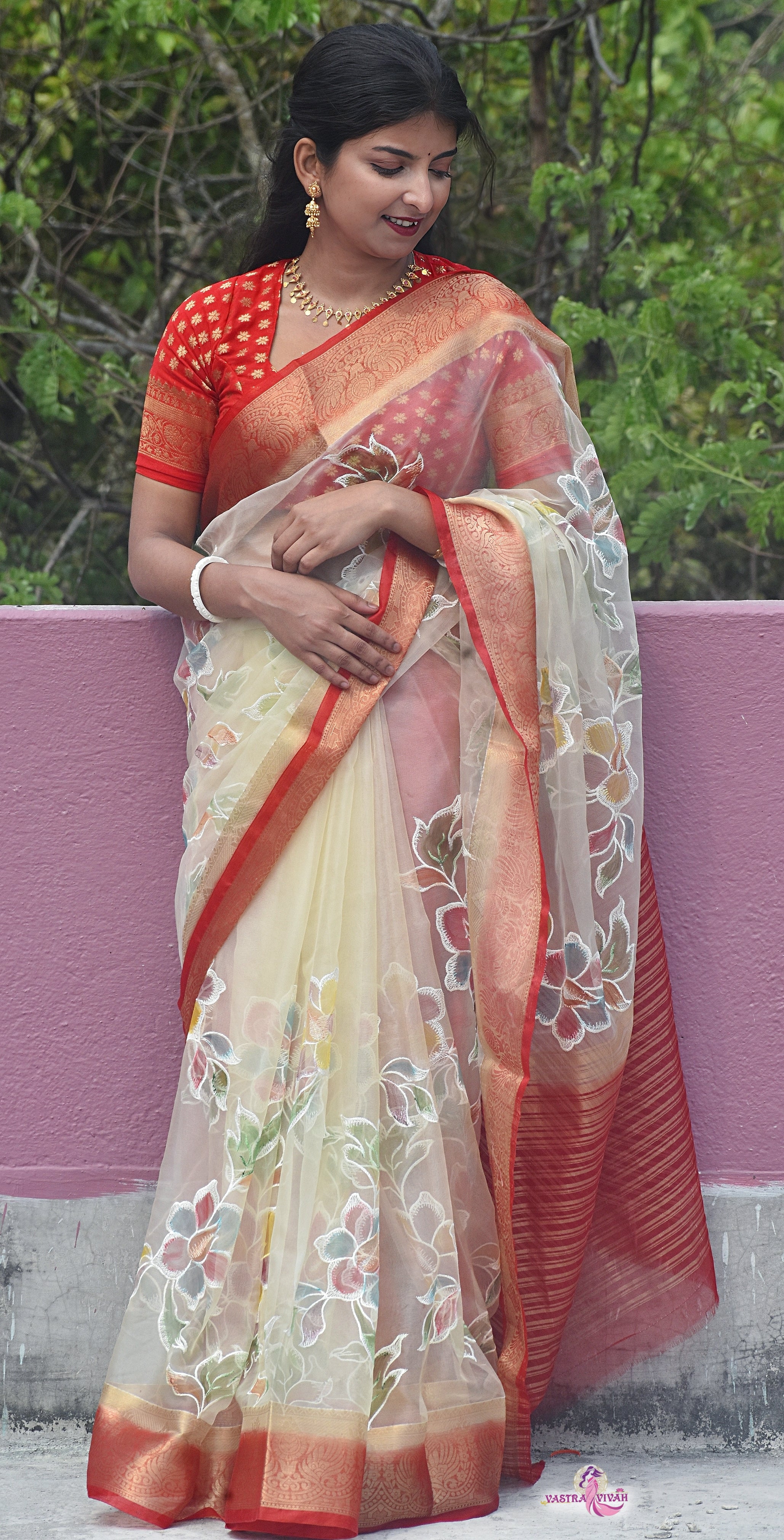WHITE RED ORGANZA SAREE
