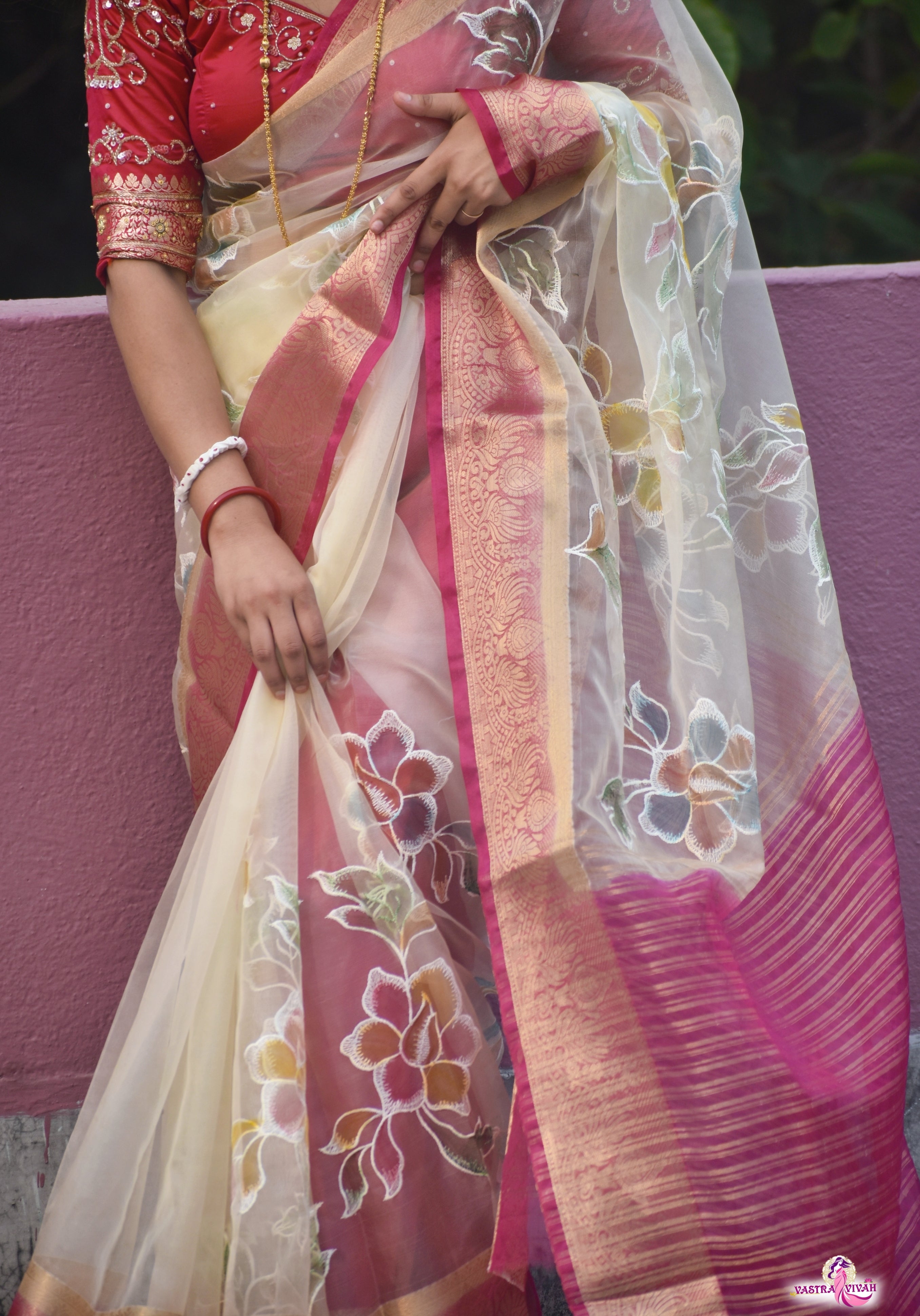 WHITE PINK ORGANZA SAREE